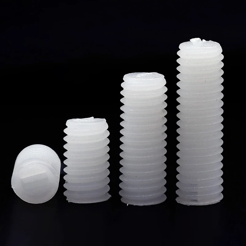 M3 M4 M5 M6 M8 M10 M12 Plastic White Nylon Set Screws Slotted Grub Bolt Flat-Tip Headless Metric Thread Length 4mm to 50mm