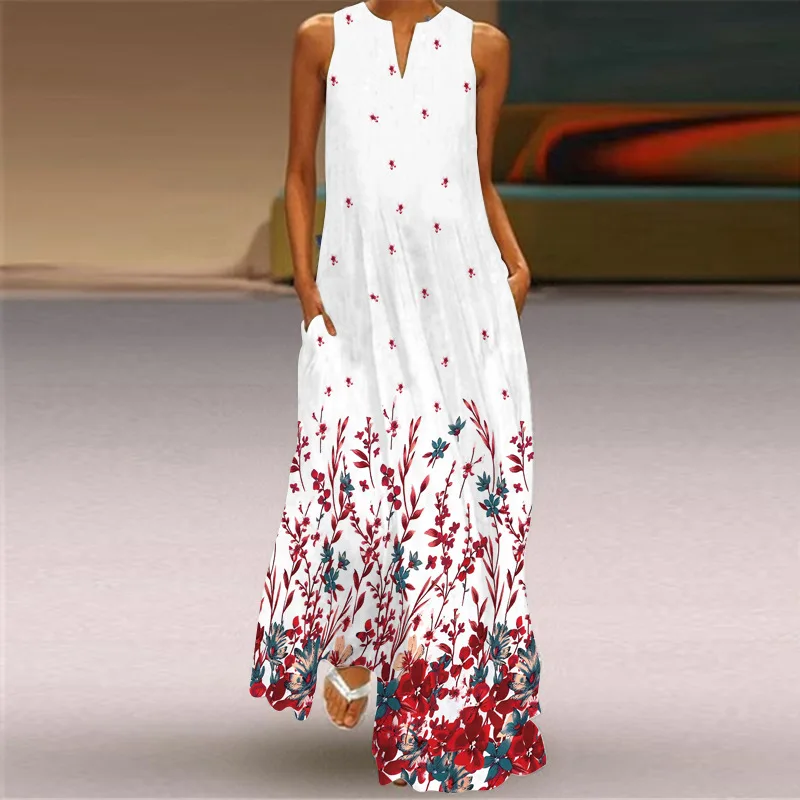 Women's Fashion Retro Printed Sleeveless Sexy Dress Summer Elegant Women's Ethnic Style V-neck Loose Pocket Long Dress Vestidos