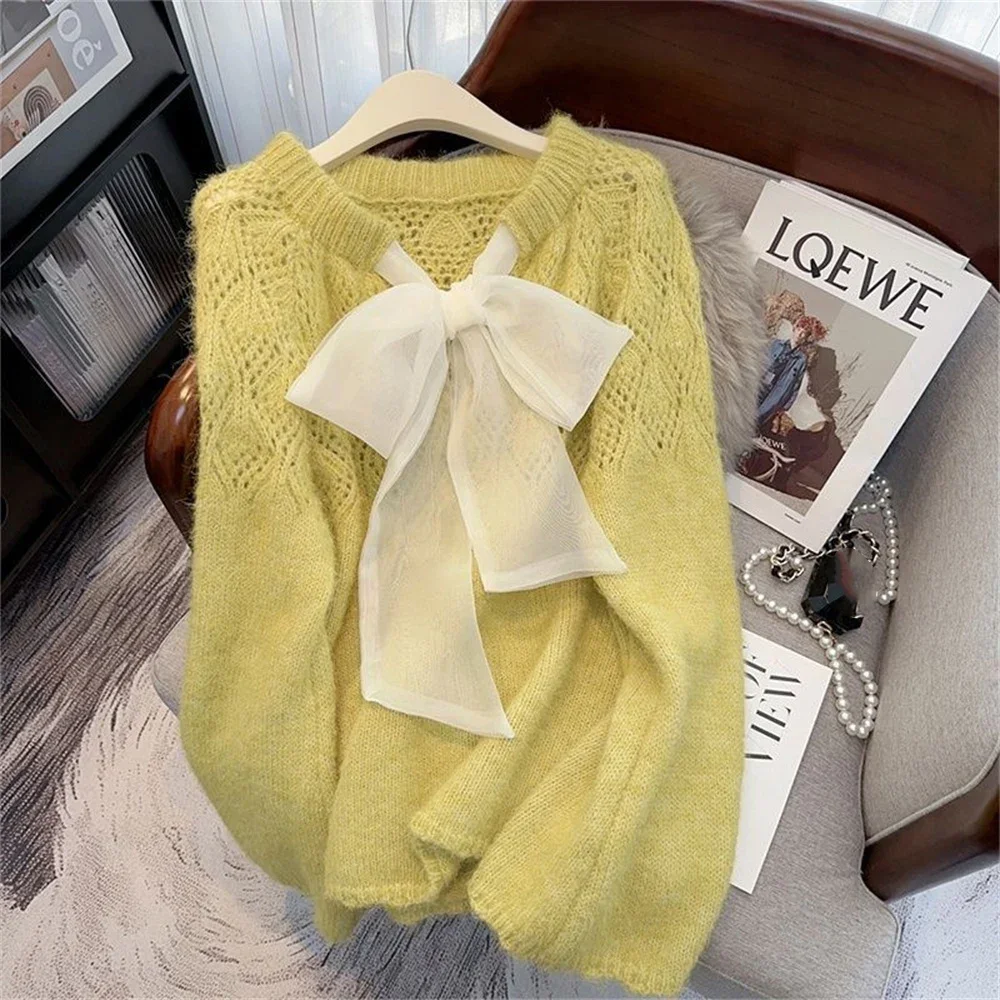 Women Sweaters Hollow Out French Style Bow Sweet Solid Loose Long Pullovers Korean Fashion Casual Elegant Female Sweater Tops