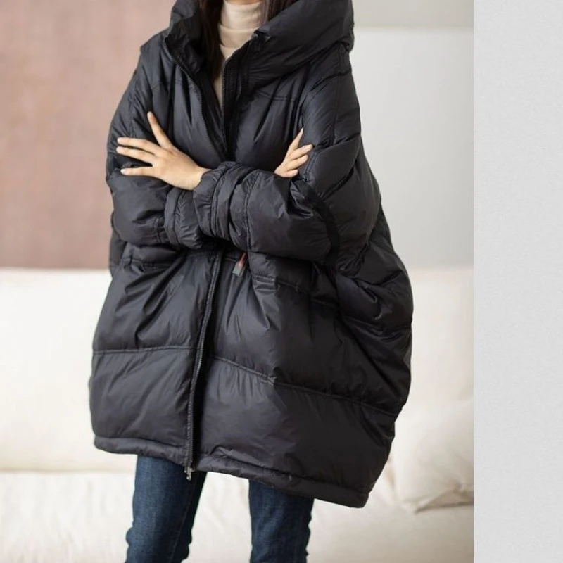 2024 New Winter Women White Duck Down Loose Jacket With Hood Female Thick Warm Outwear Casual Over Size Patchwork Coats