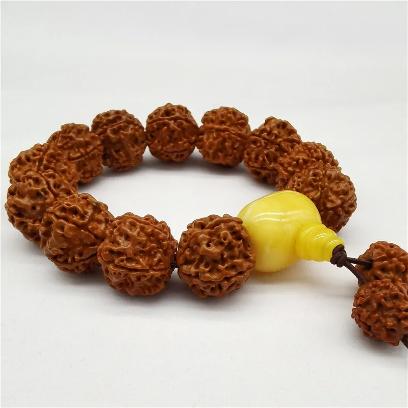 

Natural Nepal Five Faces Rudraksha Bracelet Diameter2.0cm12Beeswax Three-Way Bracelet with Horn