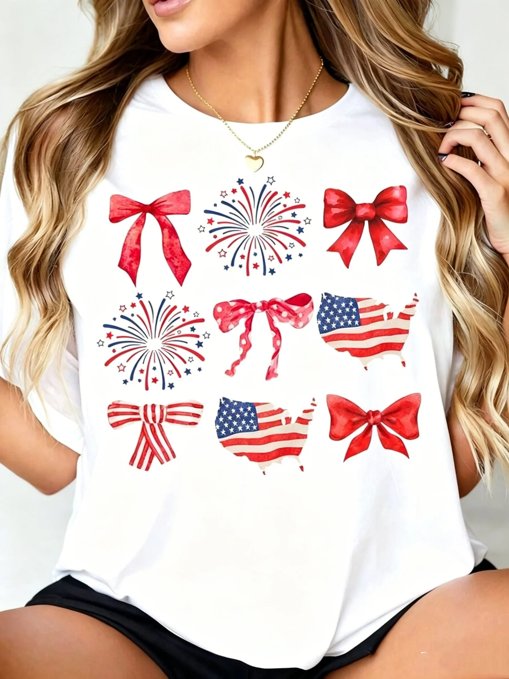 Women's Patriotic 4th Of July T-Shirt With American Flag, Fireworks, And Red Bow Print - Women's Casual Loose Fit Top For Independence Day Celebration,Casual Fashion Short-Sleeve Tee