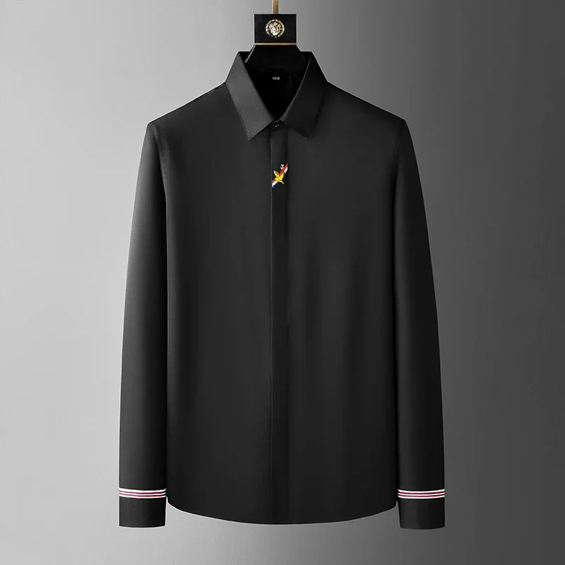 Light Luxury Trend Bird Embroidery Long Sleeve Shirt Men's 2023 Autumn New High end Silk Wrinkle Resistant Casual Men's Top