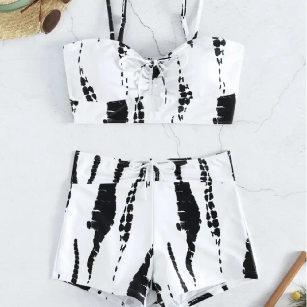 Tie Dye High-Waist Bikini Set Flat Angle Cross-Border Trendy Swimwear Sexy Design High Waist Shorts Drawstring Swimsuit Swimming
