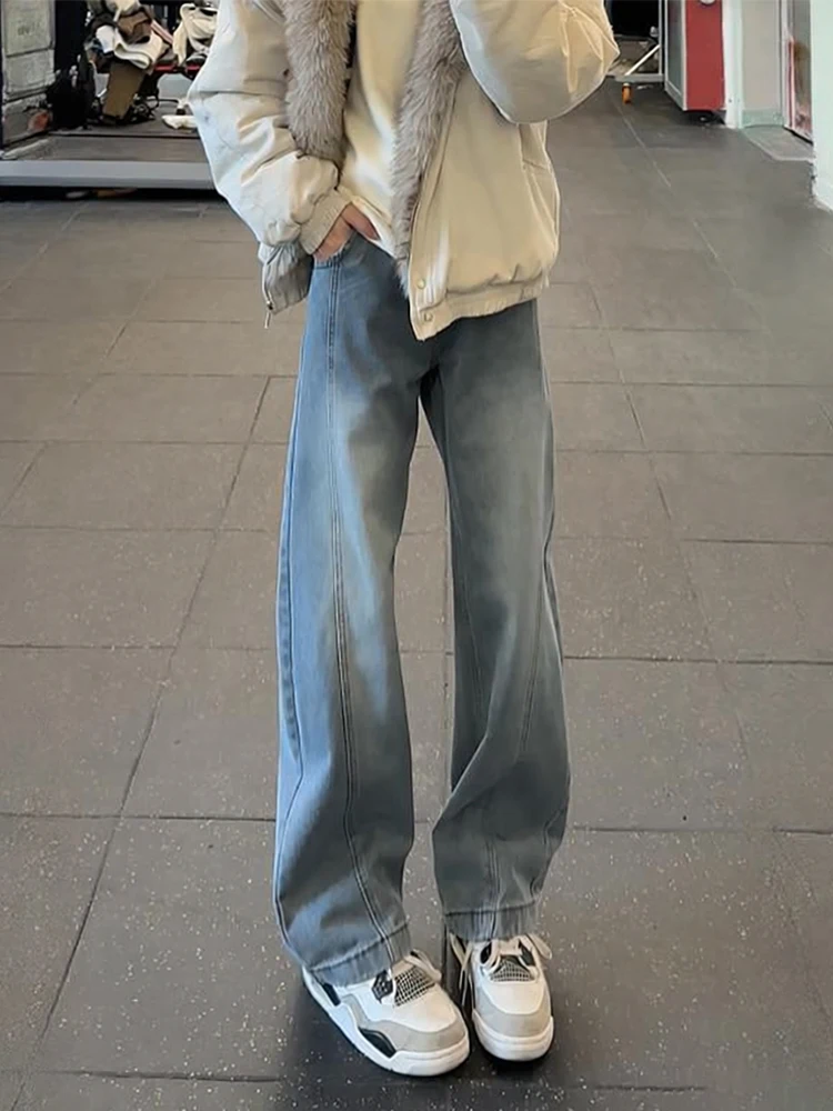 

Light Blue American Sle Knife Fce Lined Men's Jeans Autumn Winter Straight Leg Micro Flare Long Trousers