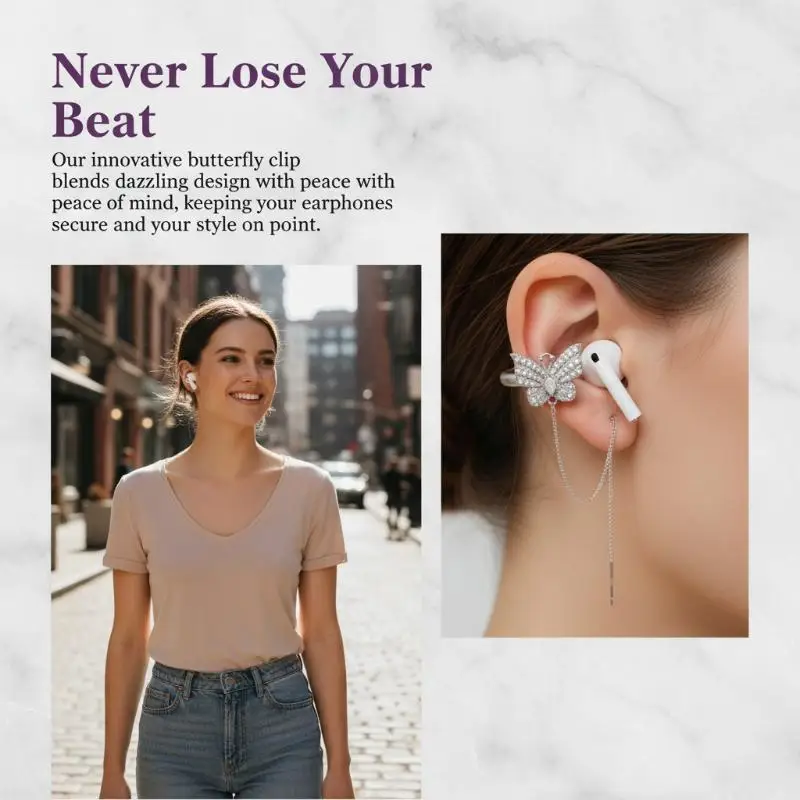 2Pcs Shiny Full Rhinestone Butterfly Ear Clip Earrings Anti-Lost Decor for Wireless Earbuds Women Girls Daily Party Wear