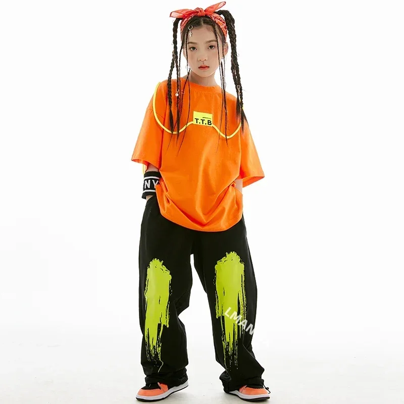 Ropa de Hip Hop Kpop para niños, Tops de manga corta, pantalones sueltos, disfraz de actuación de baile moderno, ropa de baile de Jazz para niñas