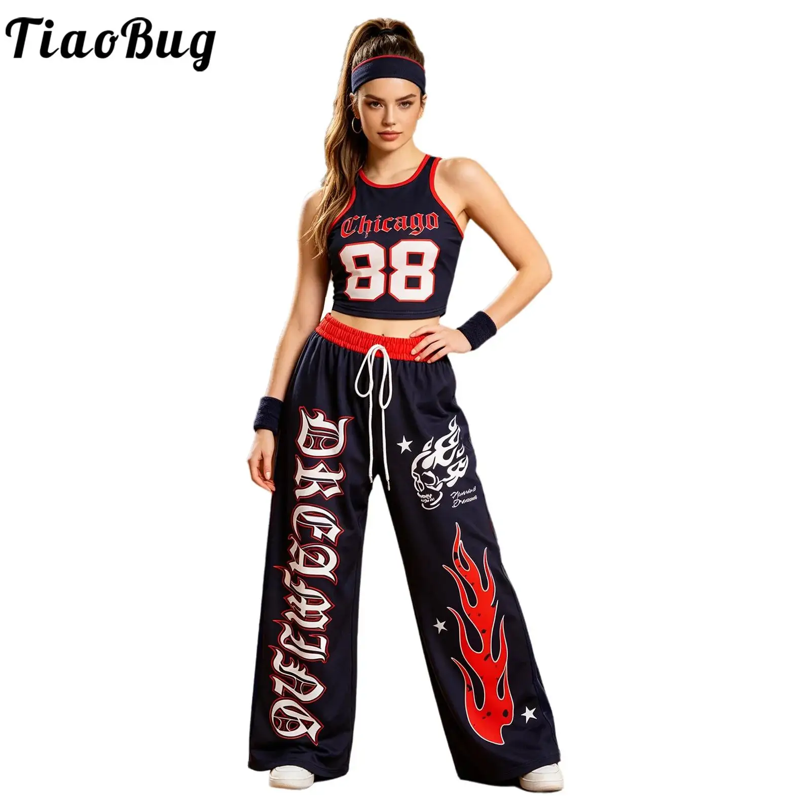 Women Sports Aerobics Fitness Costume Stylish Printed Tank Top with Elastic Waistband Wide-leg Pants for Hip Hop Sports Workout
