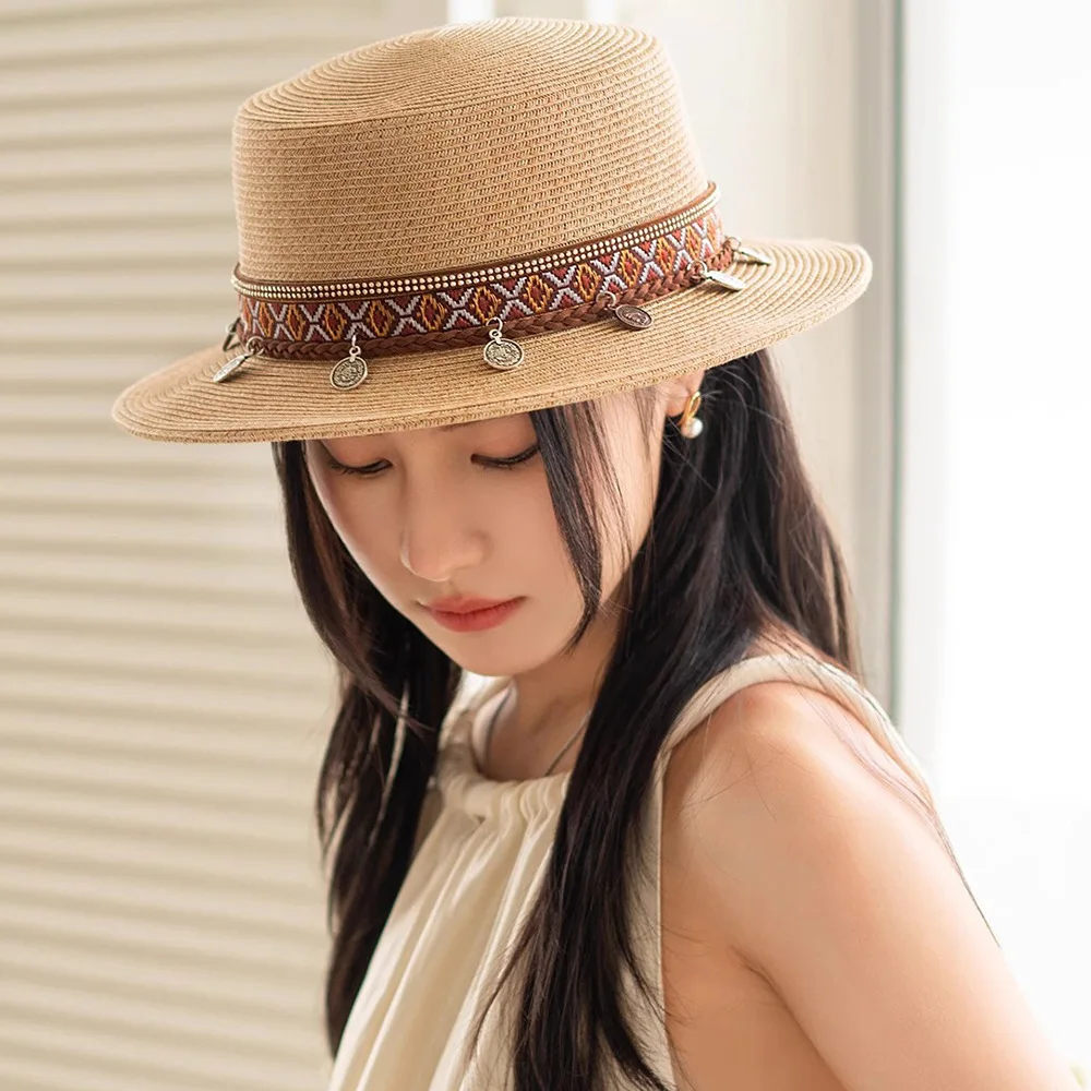 Designer fine grass encrypted straw hat women's seaside resort ethnic style sun hat travel breathable top hat sunscreen sunshade