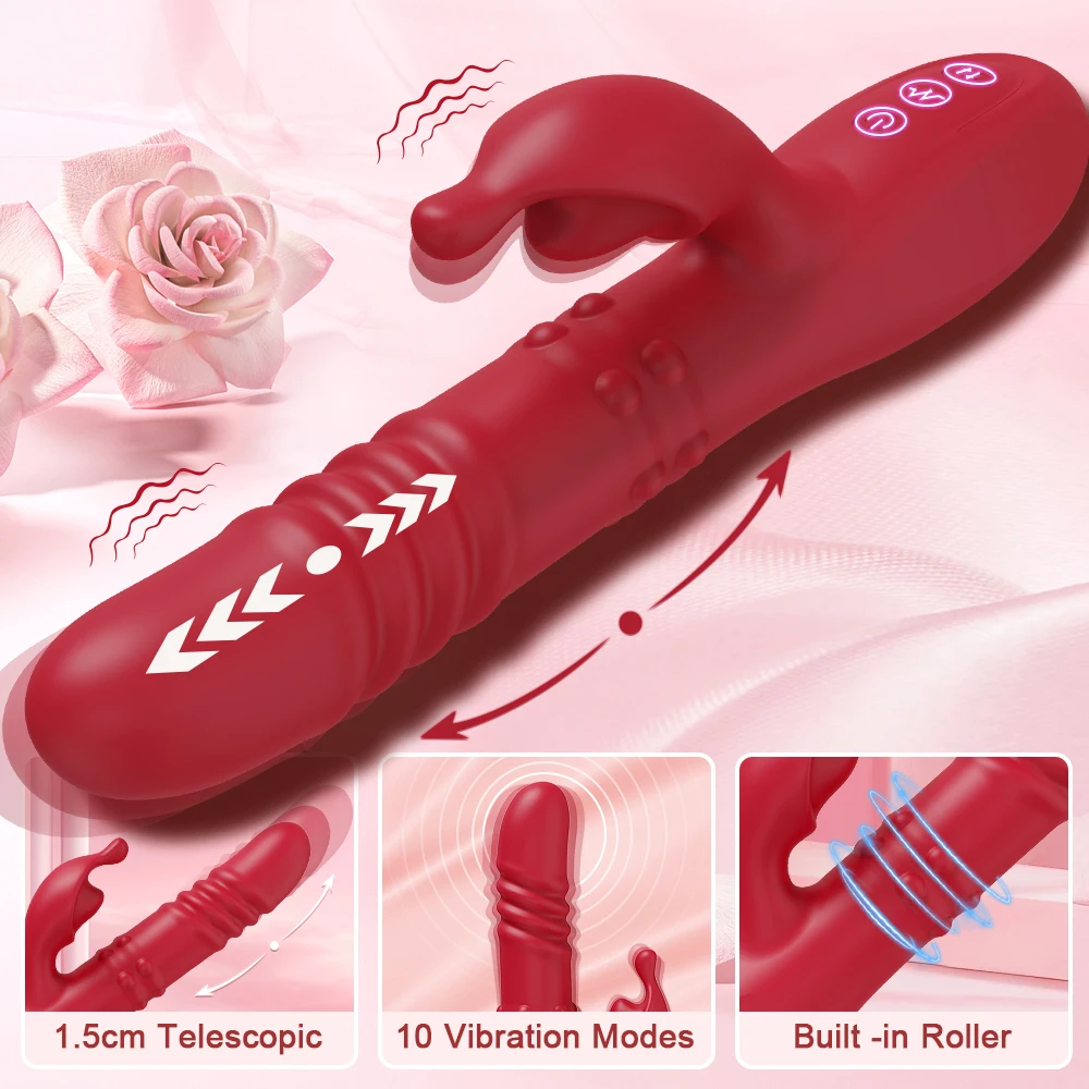 Rabbit Vibrator for Women Telescopic Dildo Powerful G-Spot Vibrating Rotating Beaded Clit Stimulator Female Masturbator Sex Toys