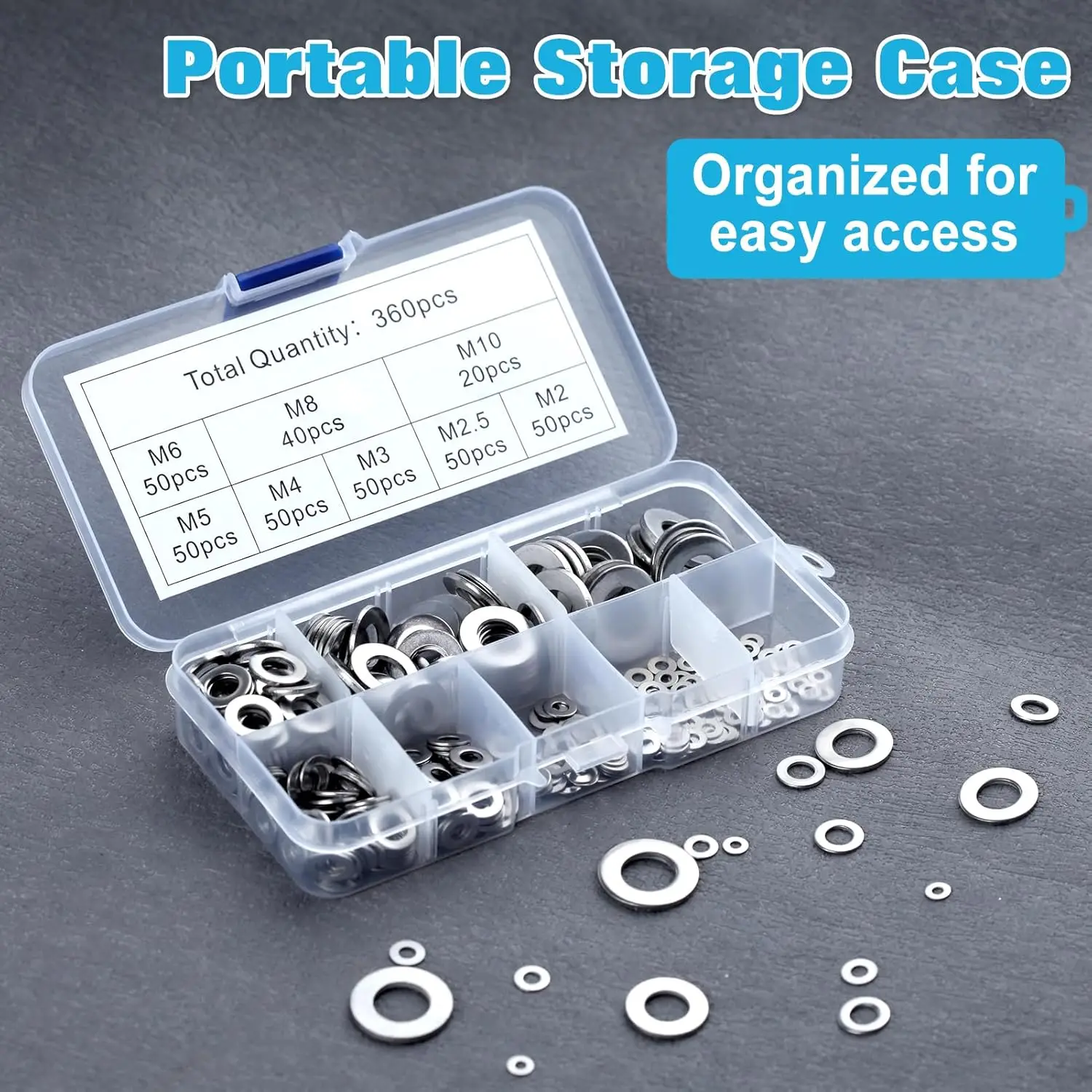 360Pcs 304 Stainless Steel Flat Washers Kit M2-M10 Metric Fender Washer Assortment for Screws Bolts Home Industrial Repair