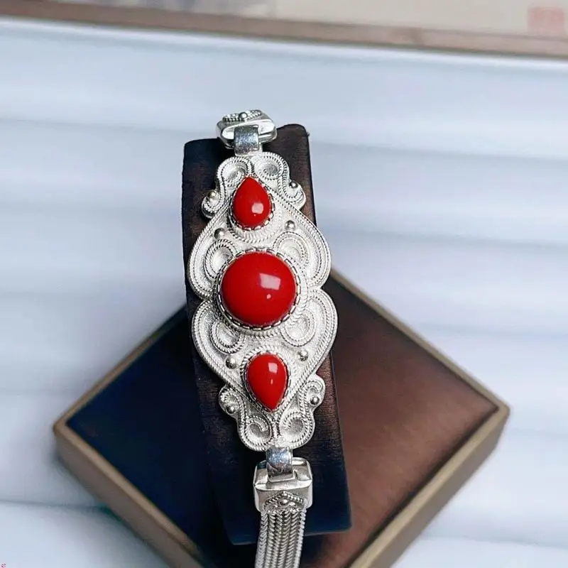Ethnic Style Bracelet Women, Silver-Plated Wrist Accessory, Unique Watch Ornament, Turquoise Bangle