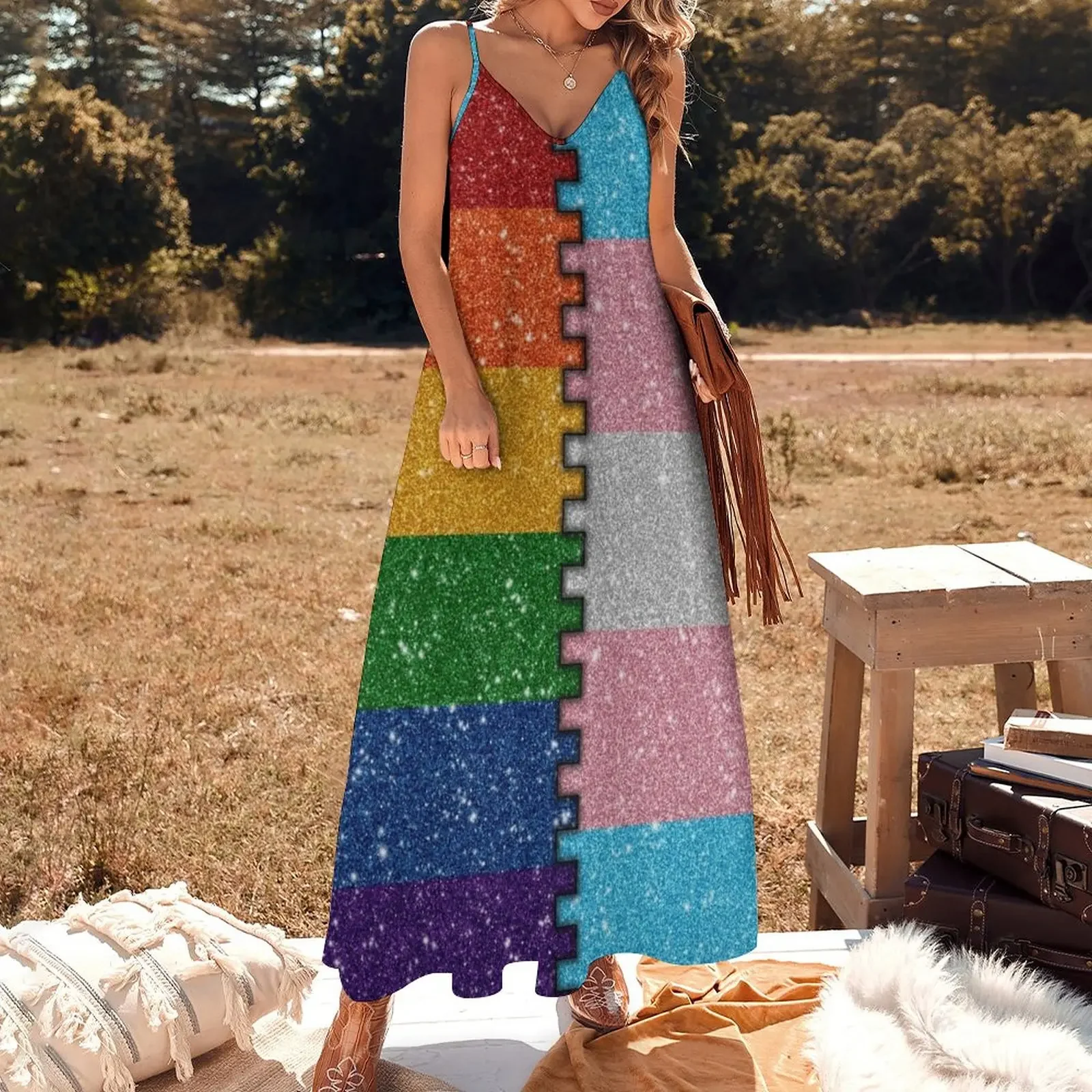 Faux Glitter LGBTQ Rainbow and Transgender Pride Merge Flag Background Sleeveless Dress birthday dresses for women Dress