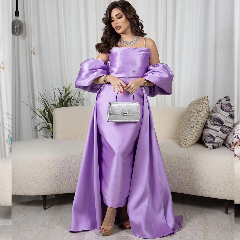 

Customized Spaghetti Strap Prom Dresses Simple Ankle-Length Straight Evening Gown Detachable Sleeves Modern Party فساتين مناسبة