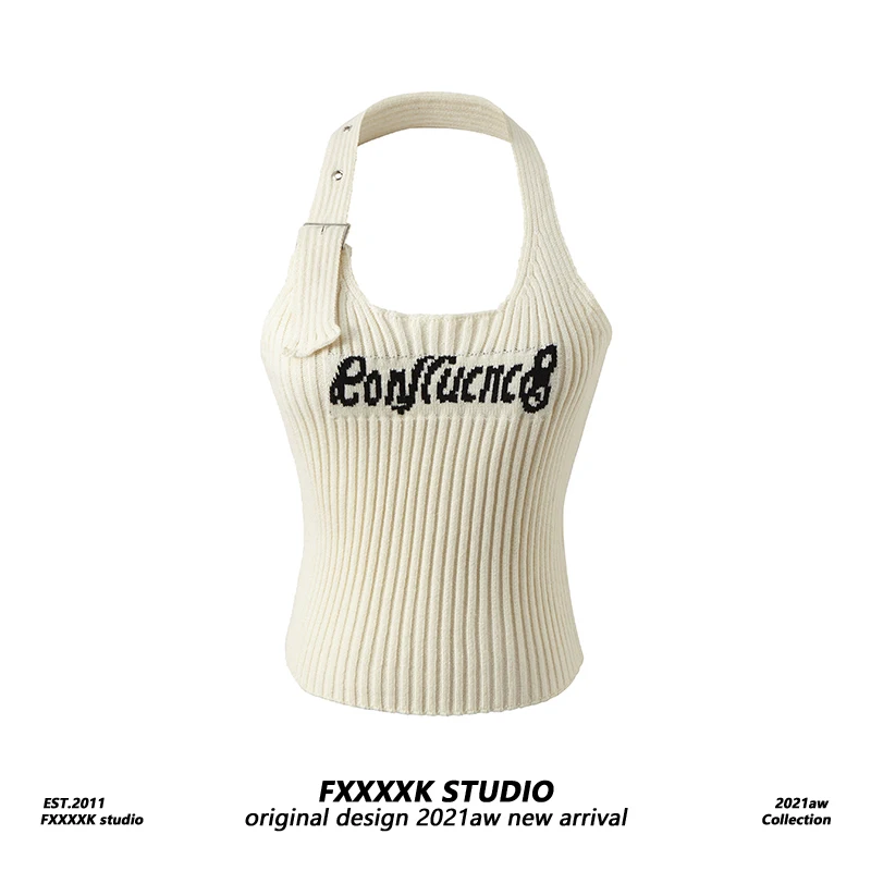 

FXK Original American Spicy Girl Knitted Letter Pattern ter Top Women's Slim Fit Design Bal Tank Top Polyester Blend