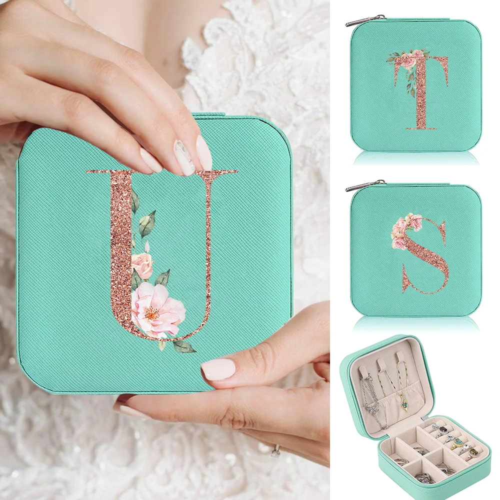 

Women's Jewelry Storage Box Portable Zippered Jewels Case Rose Gold Pattern Series Travel Necklace Ring Organizer Boxes