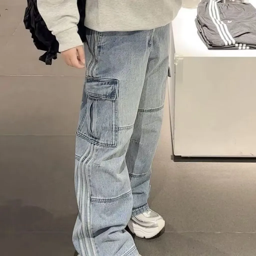 

Waed Vintage Embroidered Large ket Side Stripe Straight Leg Loose Wide Leg Workwear Jeans Casual Pants for Men