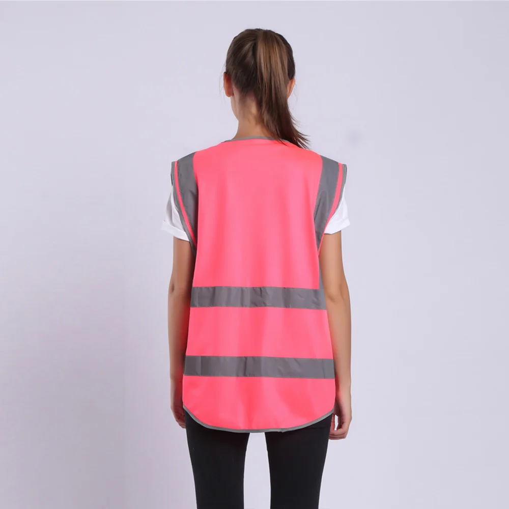 Hi Vis-chaleco de seguridad para mujer, chaleco de seguridad con rayas reflectantes, bolsillos y cremallera, color rosa