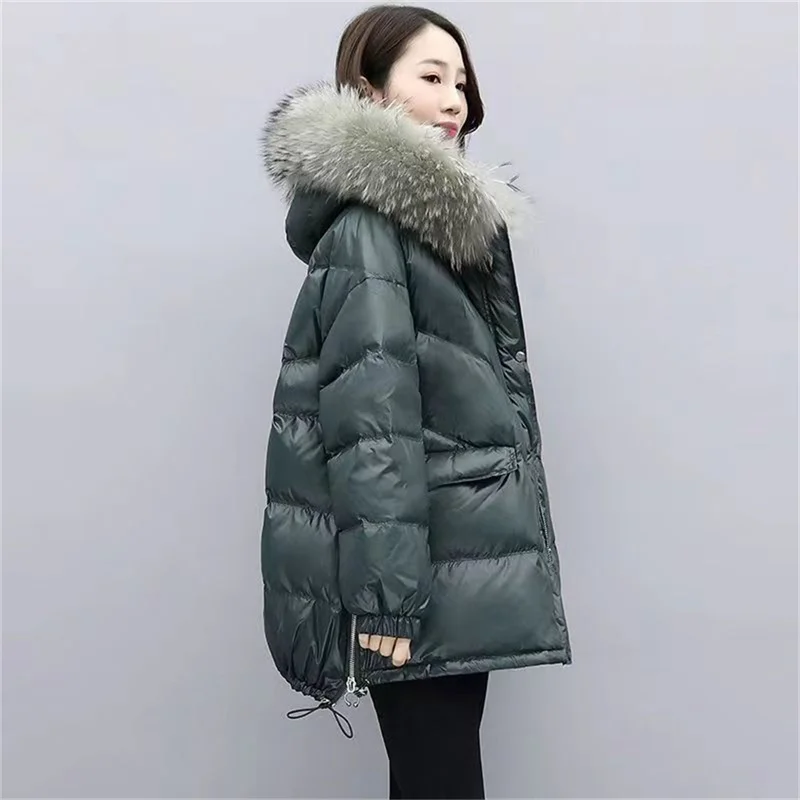 Down Cotton Jacket 2024 New Women\'s Mid Length Korean Version Loose Fitting Thick Jacket Large Woolen Collar Winter Hooded Outfi