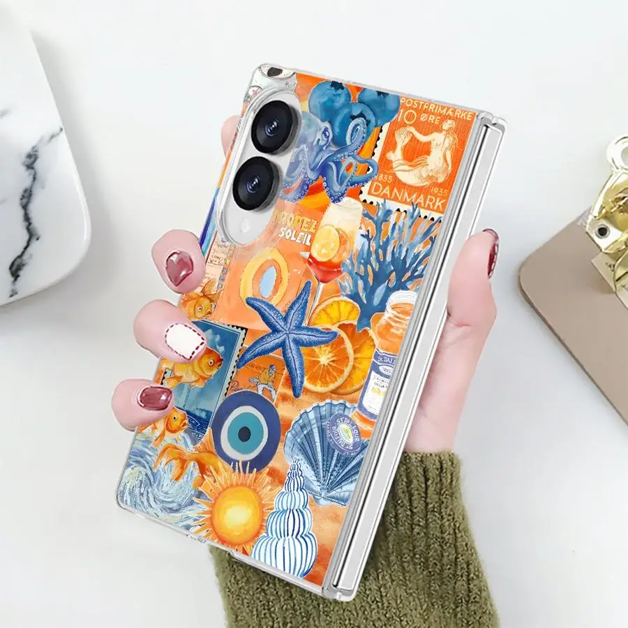 Transparent Phone Cover Case for Samsung Galaxy Z Fold 8 PC Hard Luxury ZFold8 ZFold 8 Ocean Coral Starfish Art