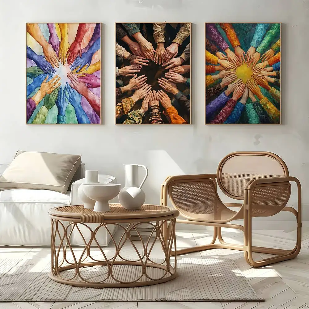 Teamwork Helping Hands Inspirational Vibrant Poster Stickers Art Print Retro Artistic Wall Decor HD Living Room DecorUnique Gift