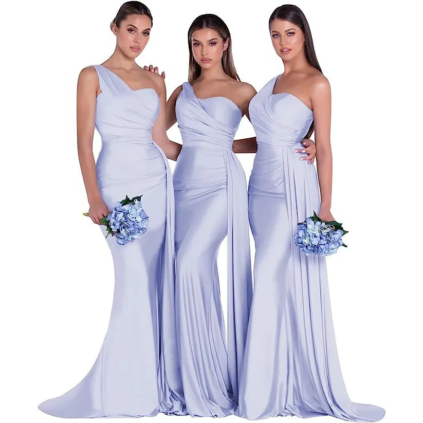 

Figure-hugging One-shoulder Sexy Bridesmaid Dresses Adult Satin Mermaid Wedding Party Vestidos De Festa