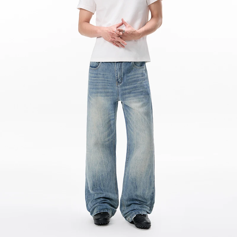 

American Vintage Washed Blue Men's Flared Jeans Straight Leg Cleanfit Denim Pants Trendy High Street Casual Trousers 9X3641