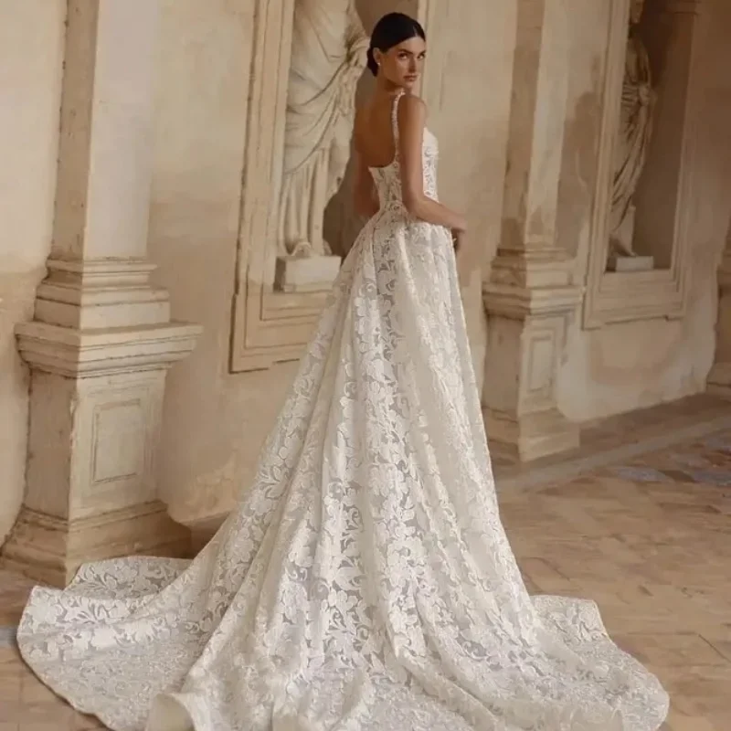 Custom White Lace & Beaded Wedding Dress — Elegant Sleeveless Bridal Gown with Delicate Spaghetti Straps and Square Neckline