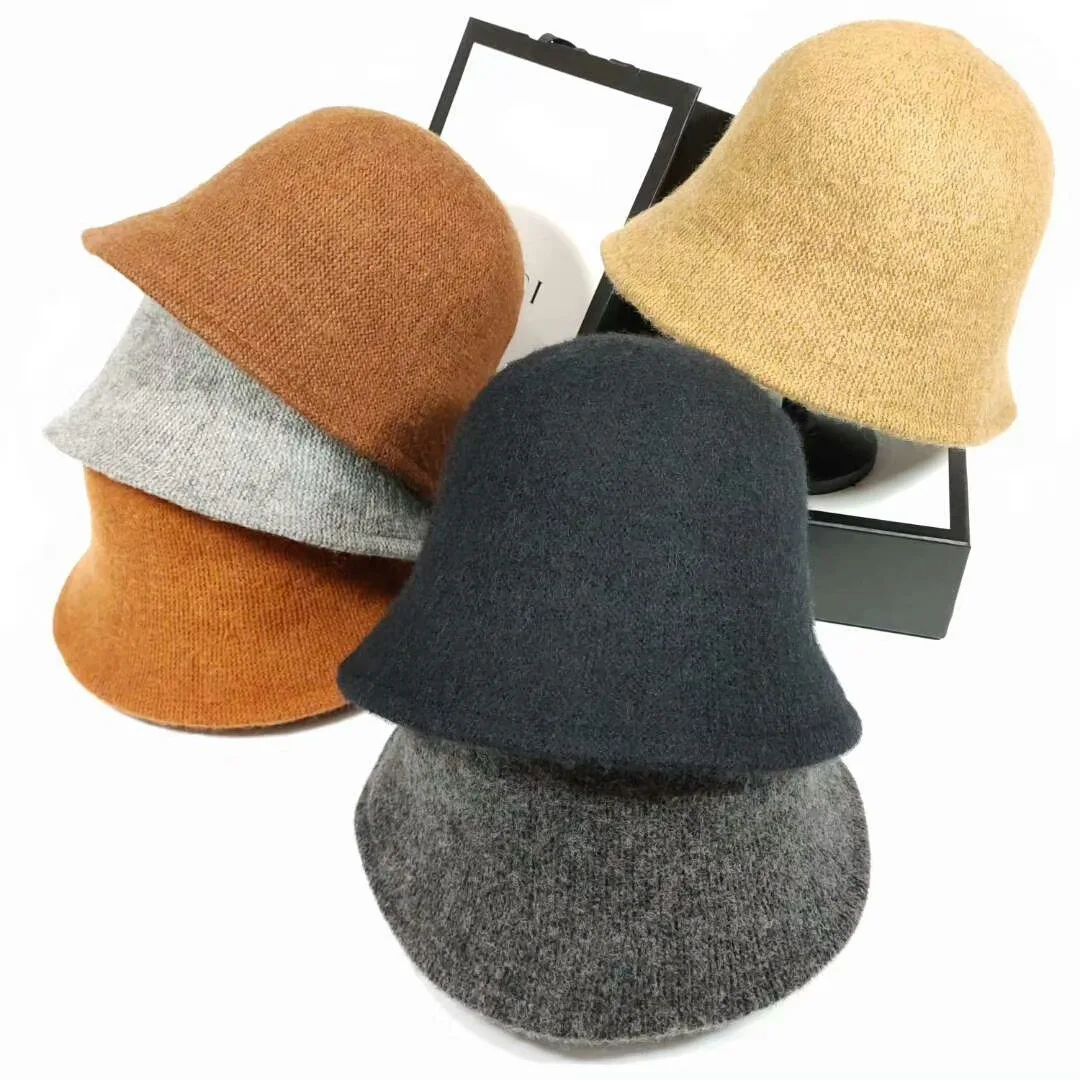 2022  Autumn winter dome wool warm knitted Bucket Hat Women fashion simple black woolen yarn basin cap Vintage weave casual hat