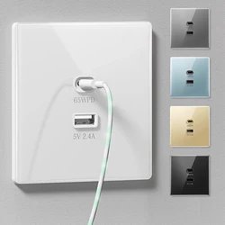 Universal 65W Super Quick Charge USB Port Glass Plastic Power Wall Socket, Type C Quick Charge Adapter USB Socket