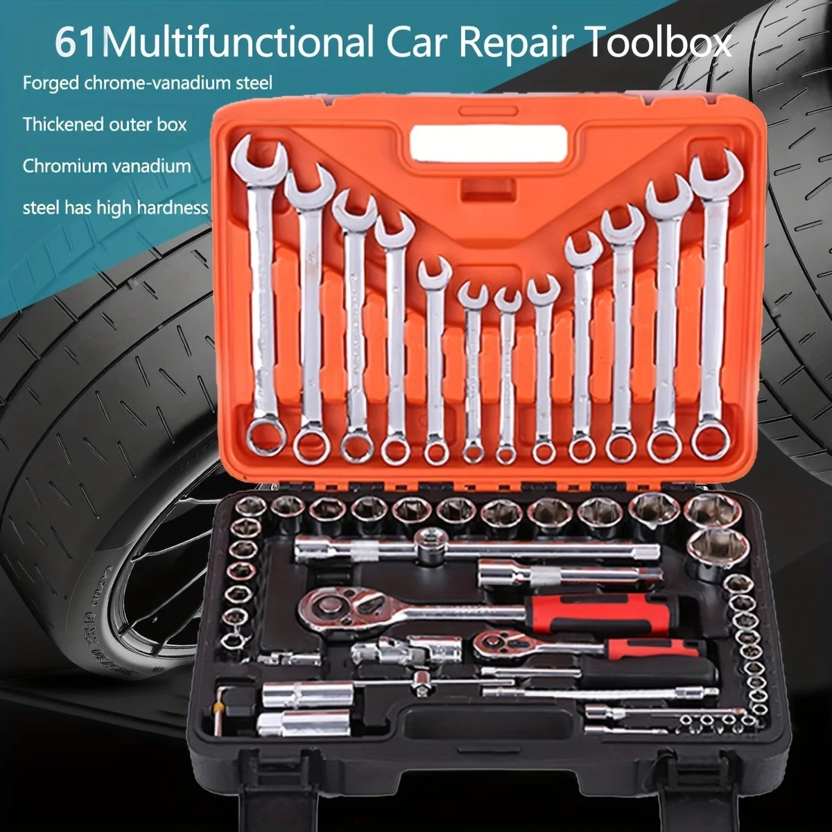61-Piece Multi-Functional Car Repair Tool Set Ratchet Wrench 1/4 Inch Drive Socket Chrome Vanadium Steel Extension Rod Household