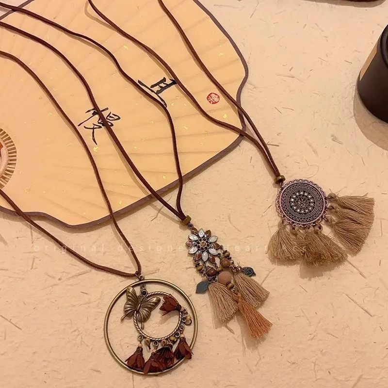 Fringe Pendant Necklace Ethnic Long Chain Women's Retro Autumn Winter Sweater accessory Versatile Boho Gift Idea