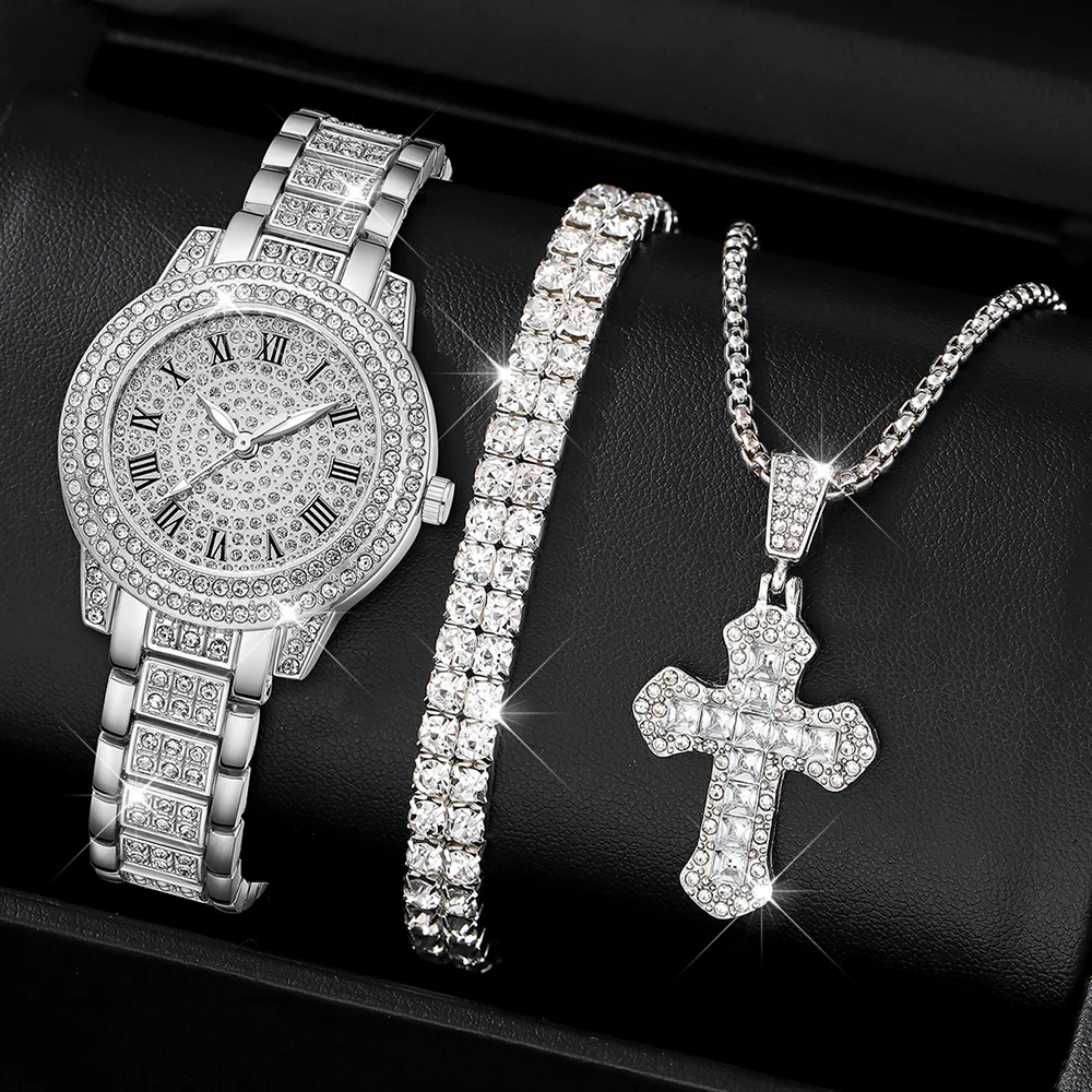 

3PCS Silver Alloy Strap Women's Watch Set Luxury Trendy Fashion Quartz Watch Bracelet Necklace Set Perfect Holiday Gift for Her