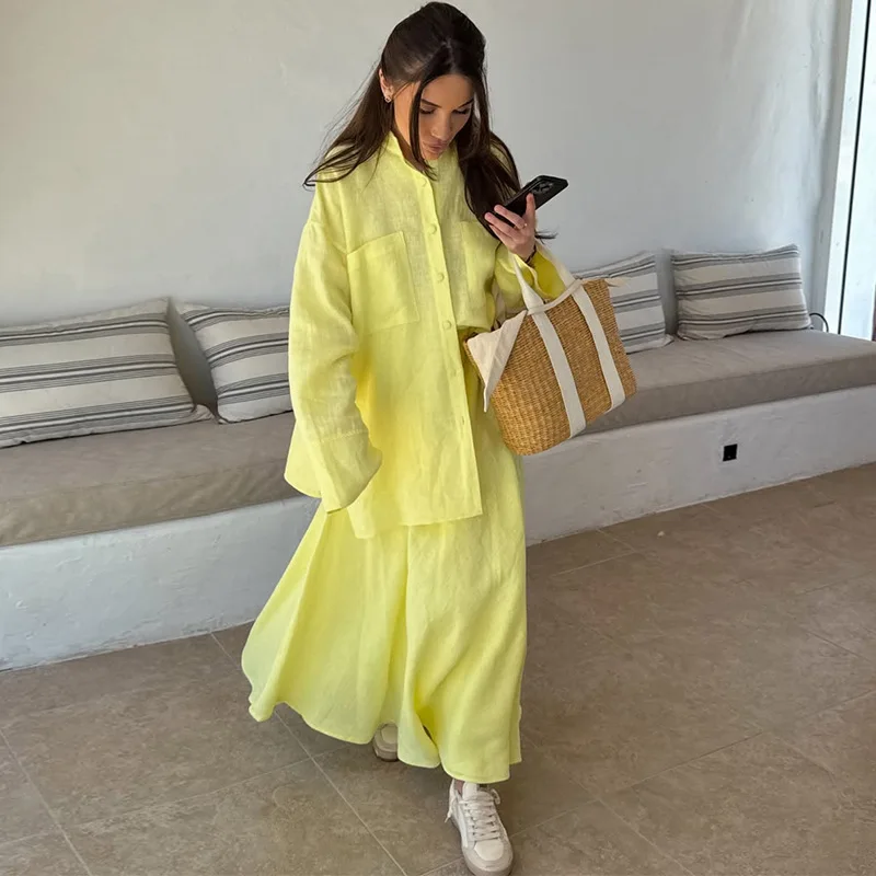 

Women's clothing 2025 summer new casual loose long-sleeved shirt skirt yellow fashion suit club clothing Vestidos
