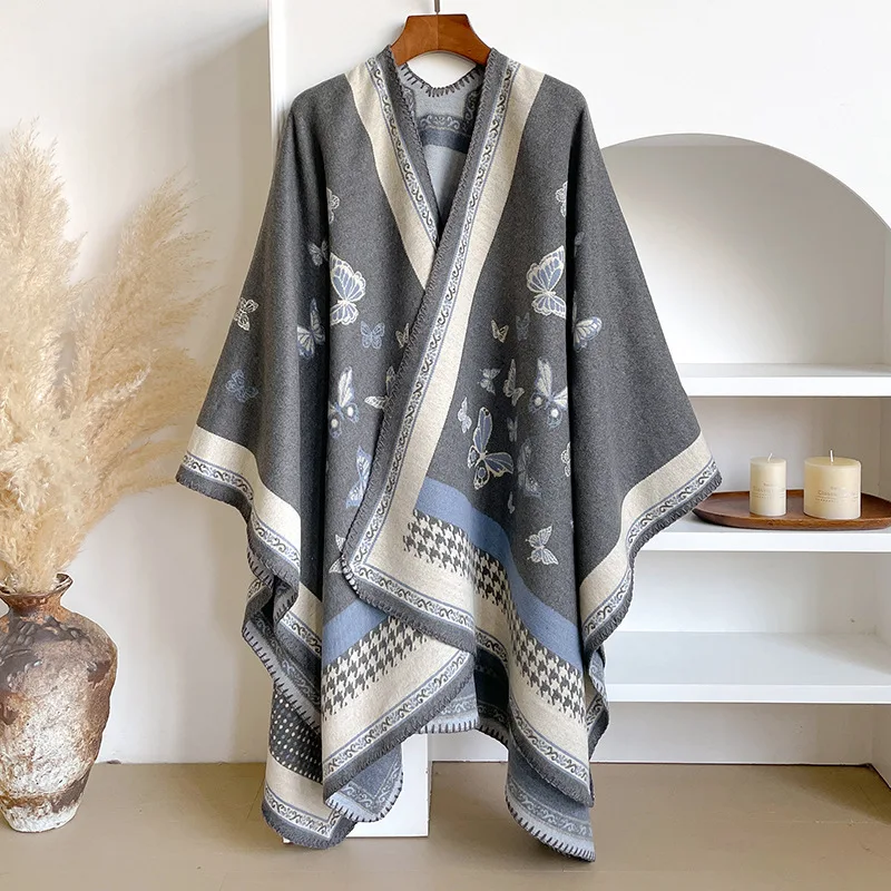 Autumn and Winter New Ethnic Warm Imitation Cashmere Scarf Women Double-sided Butterfly Thickened Scarves Shawl Cape Outside