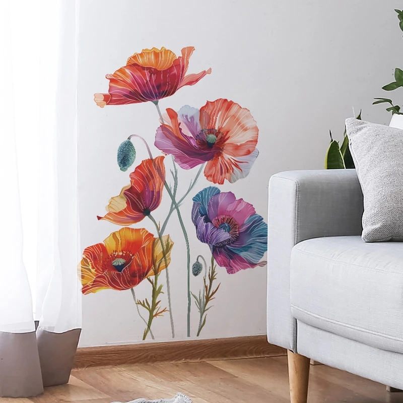 Painted Corn Poppy Vinyl Mural Stickers Home Decoration for Rooms Flower Wallpaper on the Door Walls