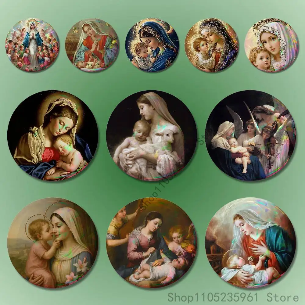 

Virgin Mary and Baby Badges 25 32 44 58 75 mm Round Cosplay Pin Fans Collect Friends Gifts Brooch Souvenir Custom
