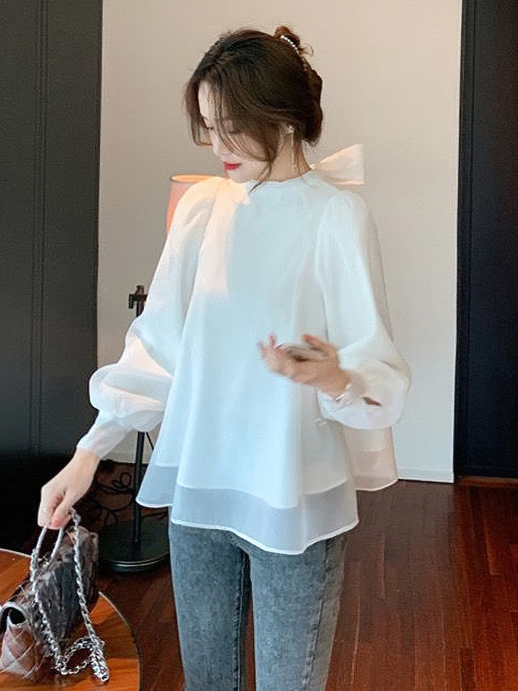 Women Elegant Puff Long Sleeve Chiffon Blouse with Bow ties Vintage Palace Luxury Lady Basic Shirt Female Top