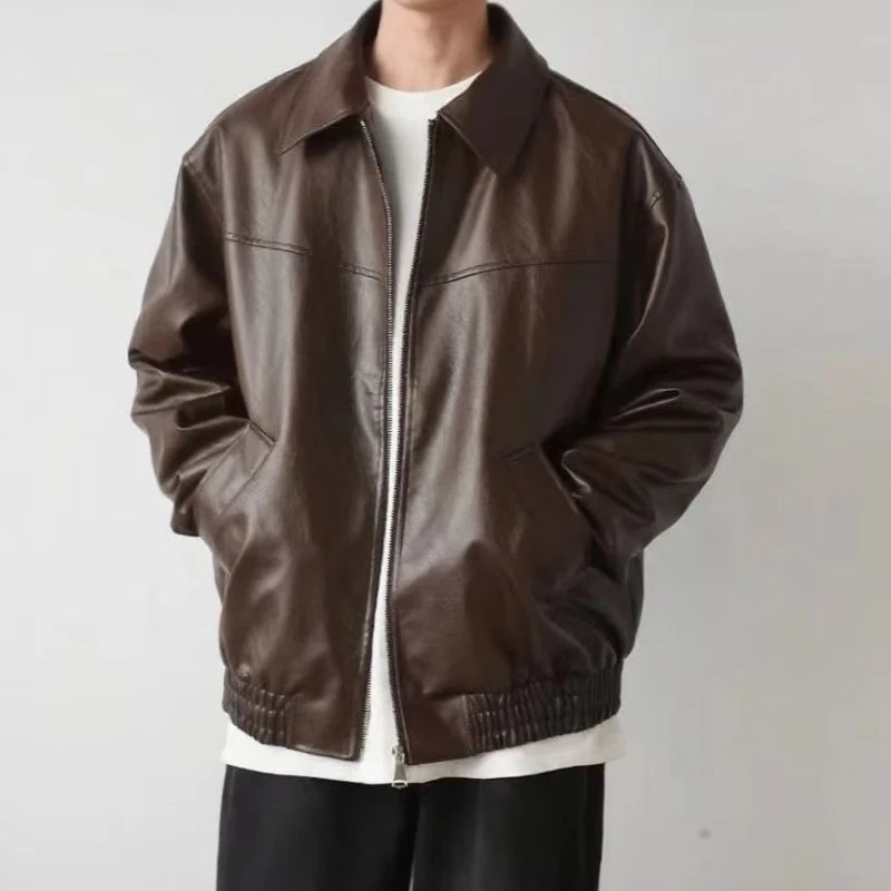 

2025 Men's PU Leather Jacket American Collared Badass Motorcycle Coat for Spring Autumn​