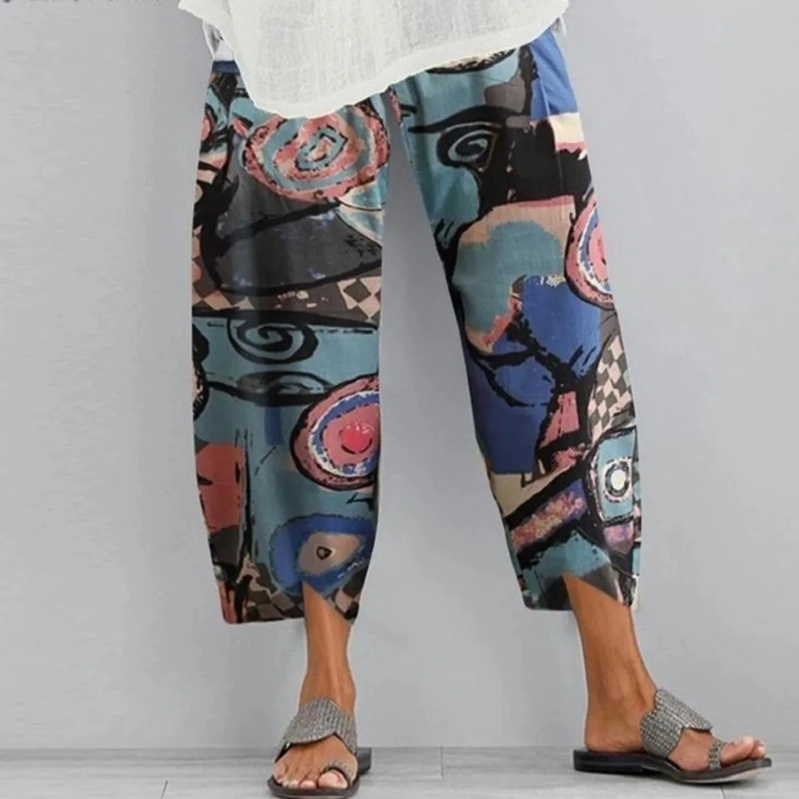 Pantalones holgados de lino y algodón para mujer, pantalón de pierna ancha con estampado Vintage, informal, estilo Harem, recortado, Verano