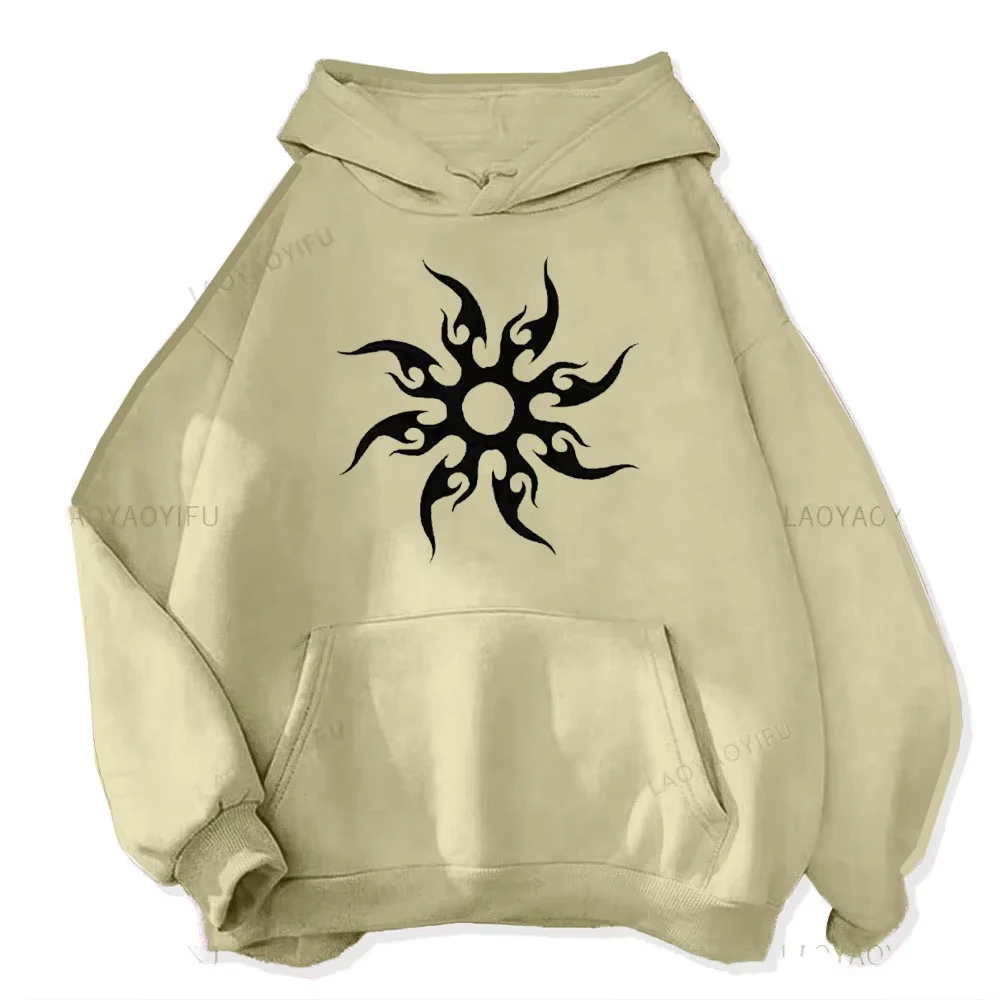 2026 Harajuku Style Flame Sun Totem Print Hoodie, Long‑Sleeve Loose Pullover, Casual Streetwear Tops for Men Women Autumn Winter