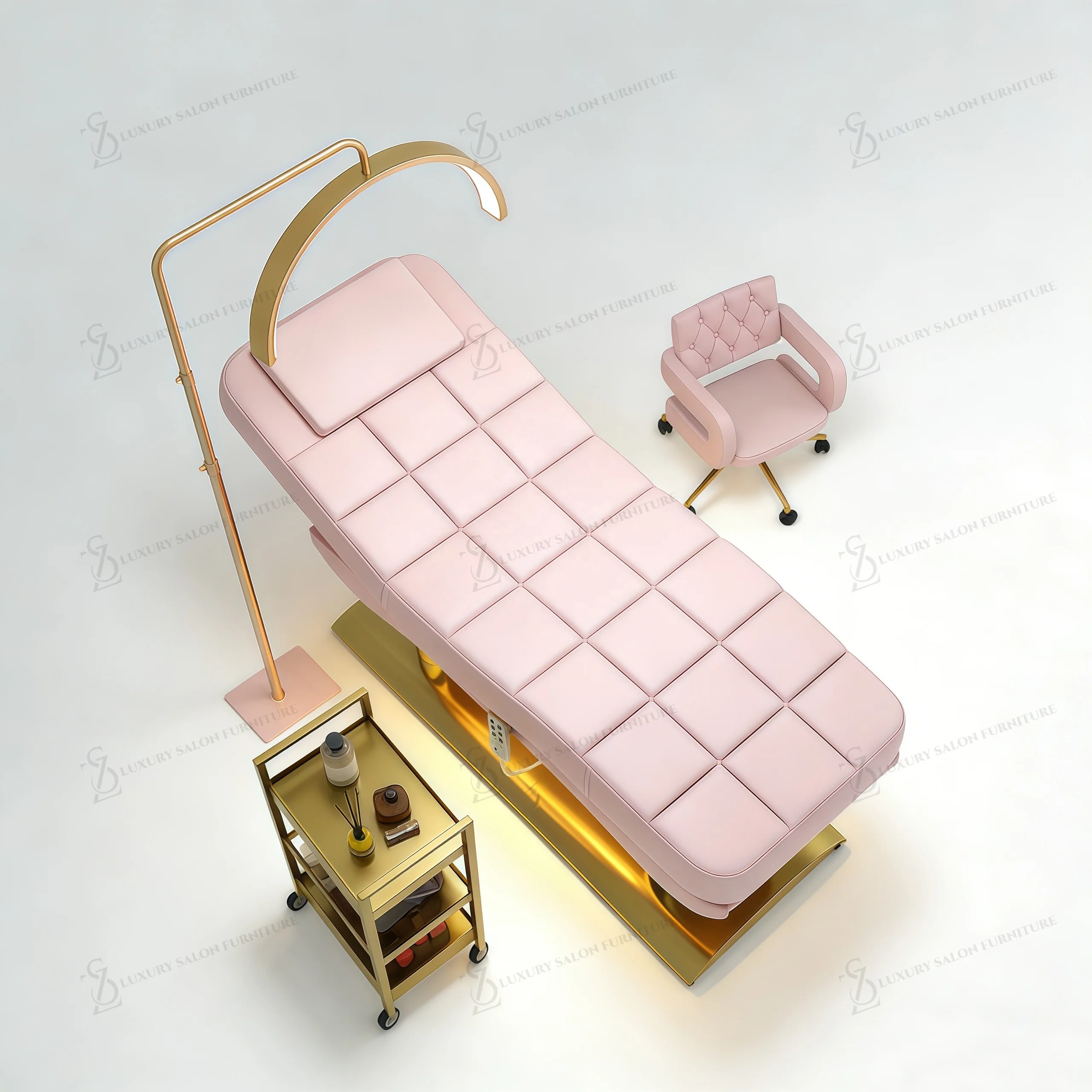 New Pink Leather Stainless Steel Gold Base Beauty Bed Heating Tilting 4 Motors Massage Bed Electric Facial Eyelash Lash Bed