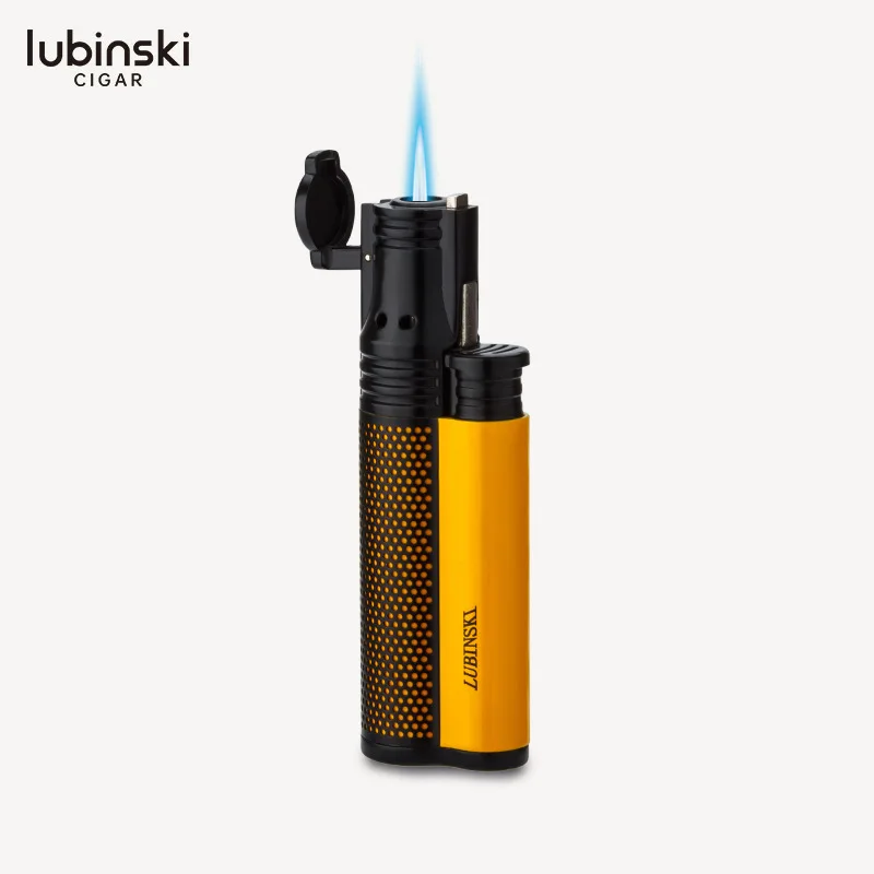 LUBINSKI Metal Single Fire Cigar Special Lighter with Blue Flame Direct Spray Windproof Belt and Cigar Drilling Collection Gift