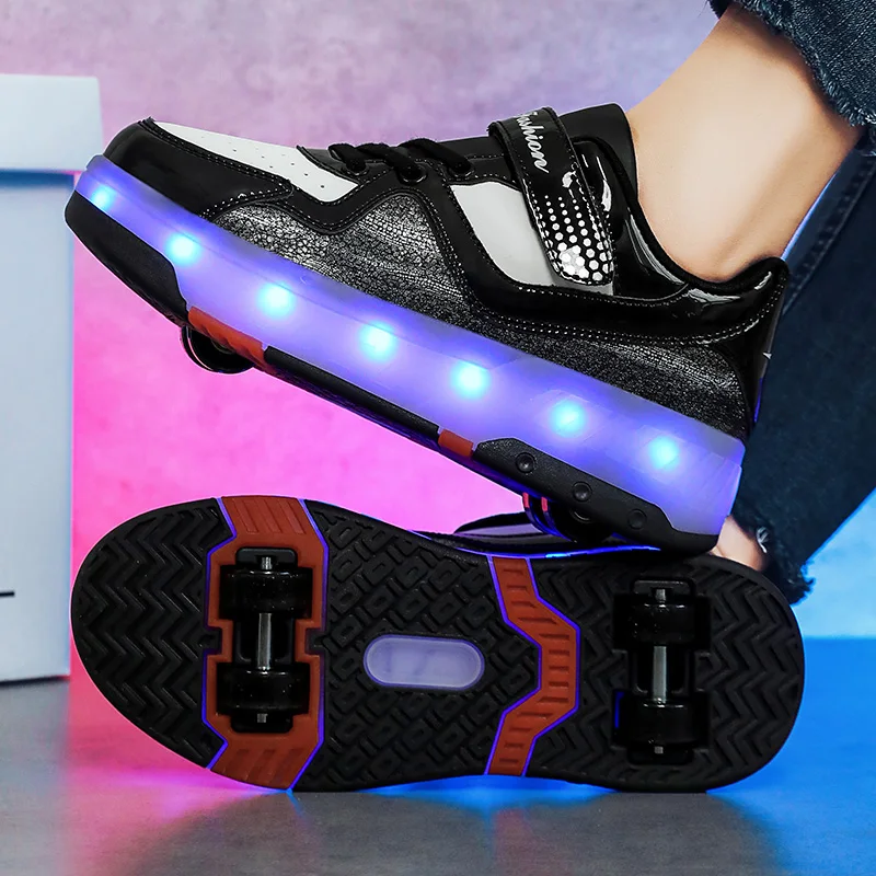 2023 Girls Boys New Lovely Sneakers Children Autumn Leather LED Luminous With Four Wheels Shoe Winter Charging Roller Skate Shoe