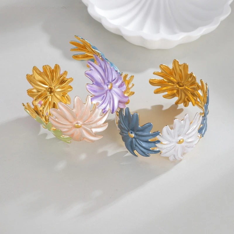 

Colorful Enamel Vintage Flower Stainless Steel Open Bracelet for Women Simple Metal Irregular Shape Geometric Blangle Jewelry