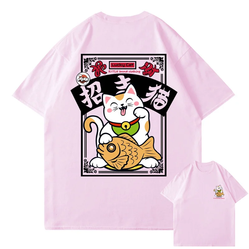 Hip hop streetwear Harajuku T-shirt Japan Fortune Cat 2025 men's summer 100% cotton casual short sleeved T-shirt Japanese style