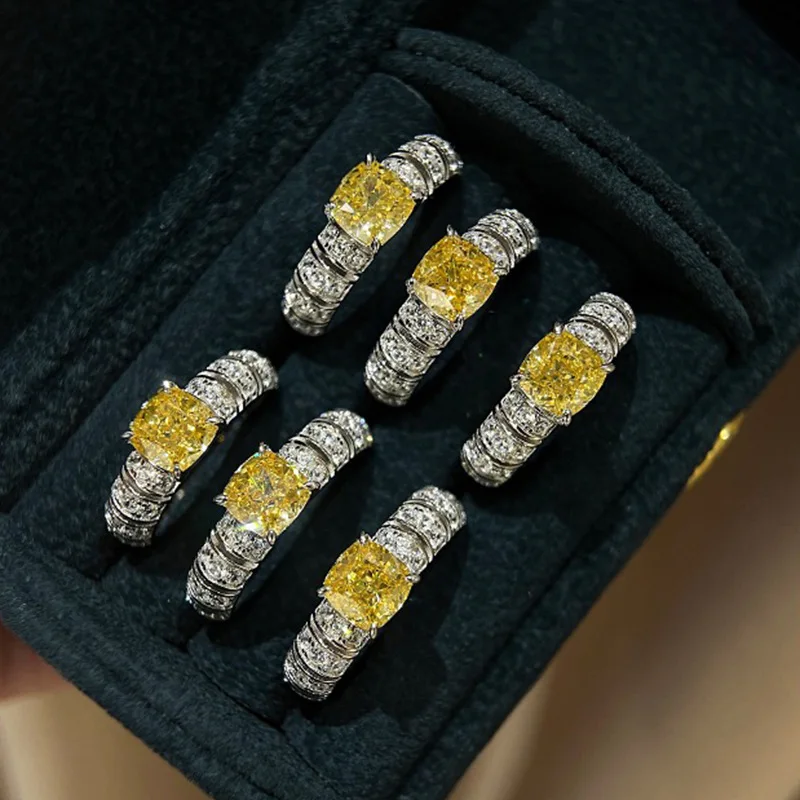 New Yellow Diamond High Carbon Diamond Ring Full Body s925 Inlaid 6 * 6 Light Luxury Women's Ring Wedding Jewelry