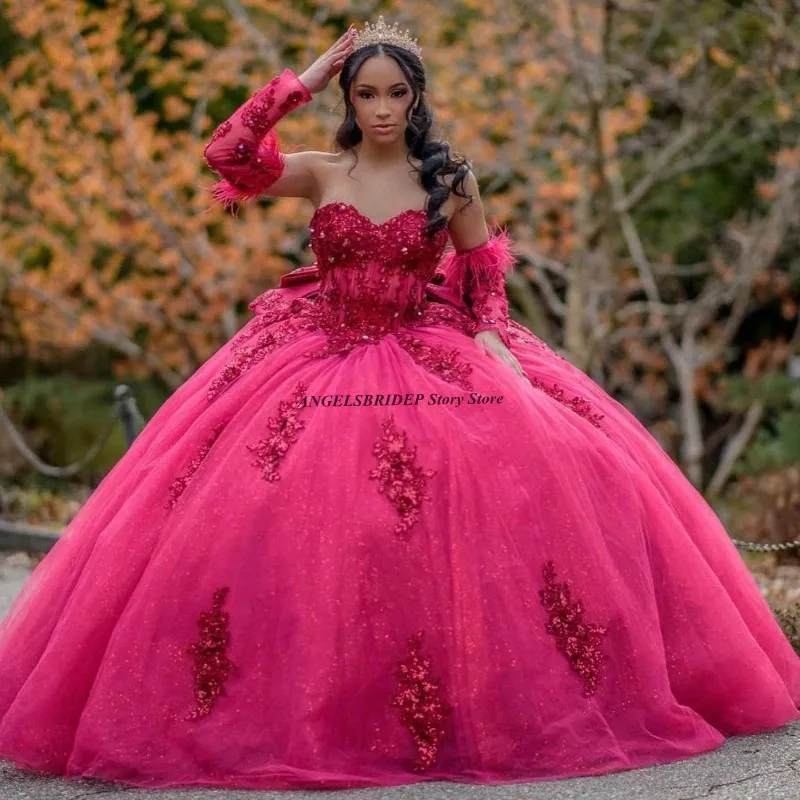 Angelsbridep Розово-красные платья Quinceanera Sweet 15, кружевные платья с аппликацией из тюля и бисера, Vestidos De Quinceañera по индивидуальному заказу