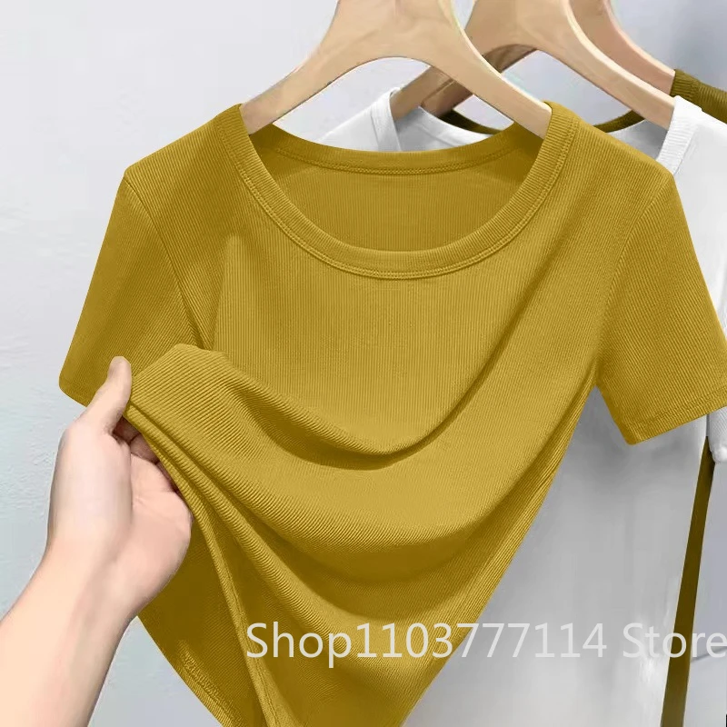Sommerliches Damen-T-Shirt mit Rundhalsausschnitt, modisch, trendig, locker geschnitten, kurzärmelig, weich, atmungsaktiv, lässiges Oberteil, ideal für den Alltag, Streetstyle-Outfit. – Detail 5