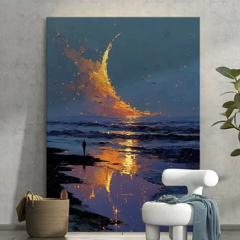 

Ручная роспись акриловая картина маслом на холсте Приморский под лунным светом пейзаж подвесная картина для входа в гостиную